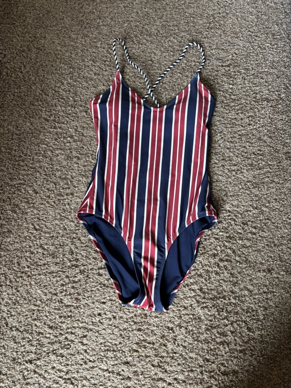 Striped One-Piece Swimsuit in Navy & Red. Cute corded straps. From Aerie. XS.